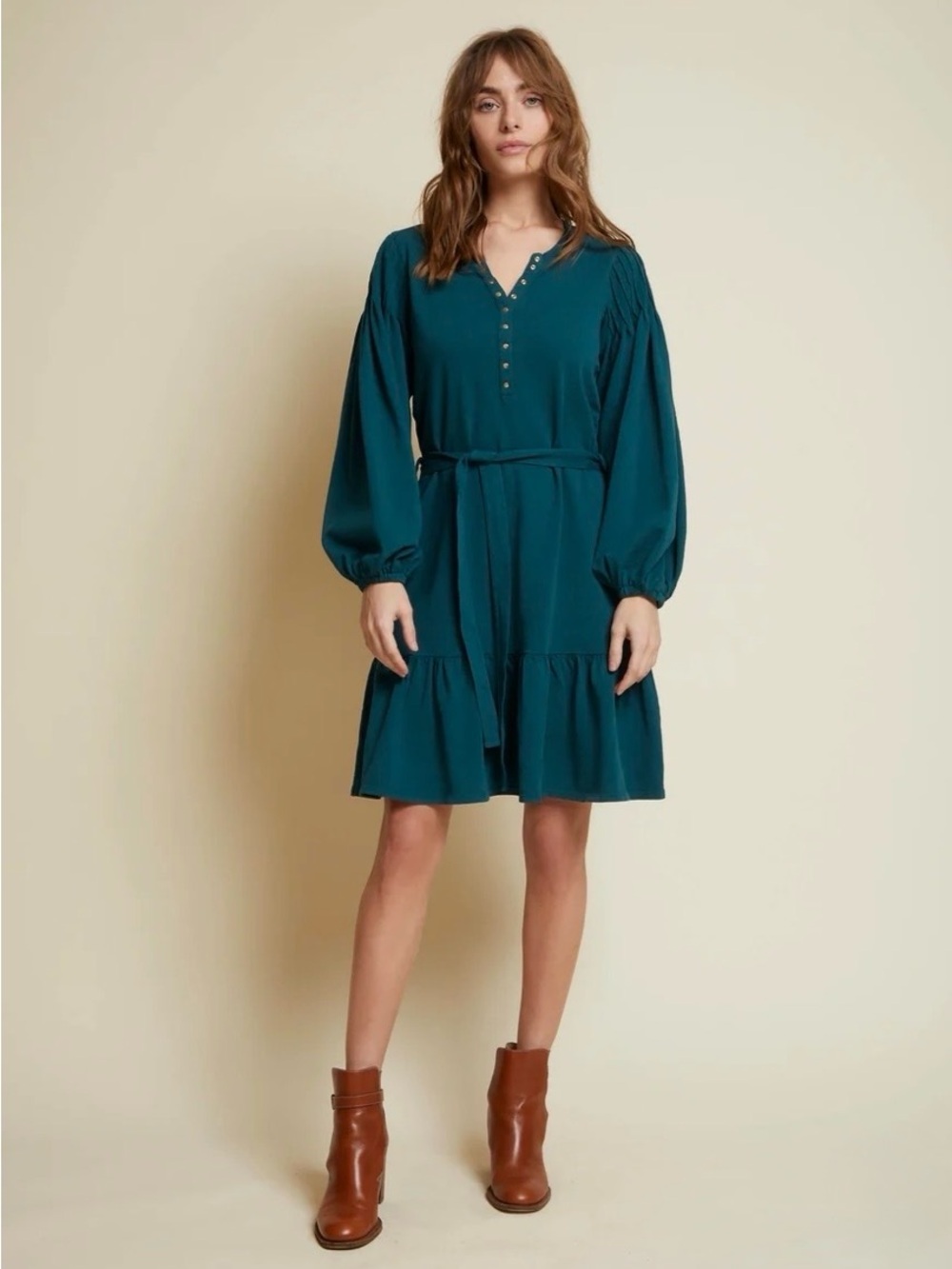 Nation LTD Teal Long-Sleeve V-Neck Tie-Waist Dress